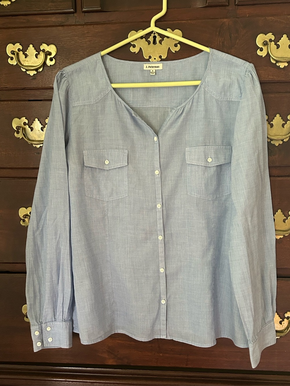 J. Peterman Light Blue Button-Front Cotton Blouse